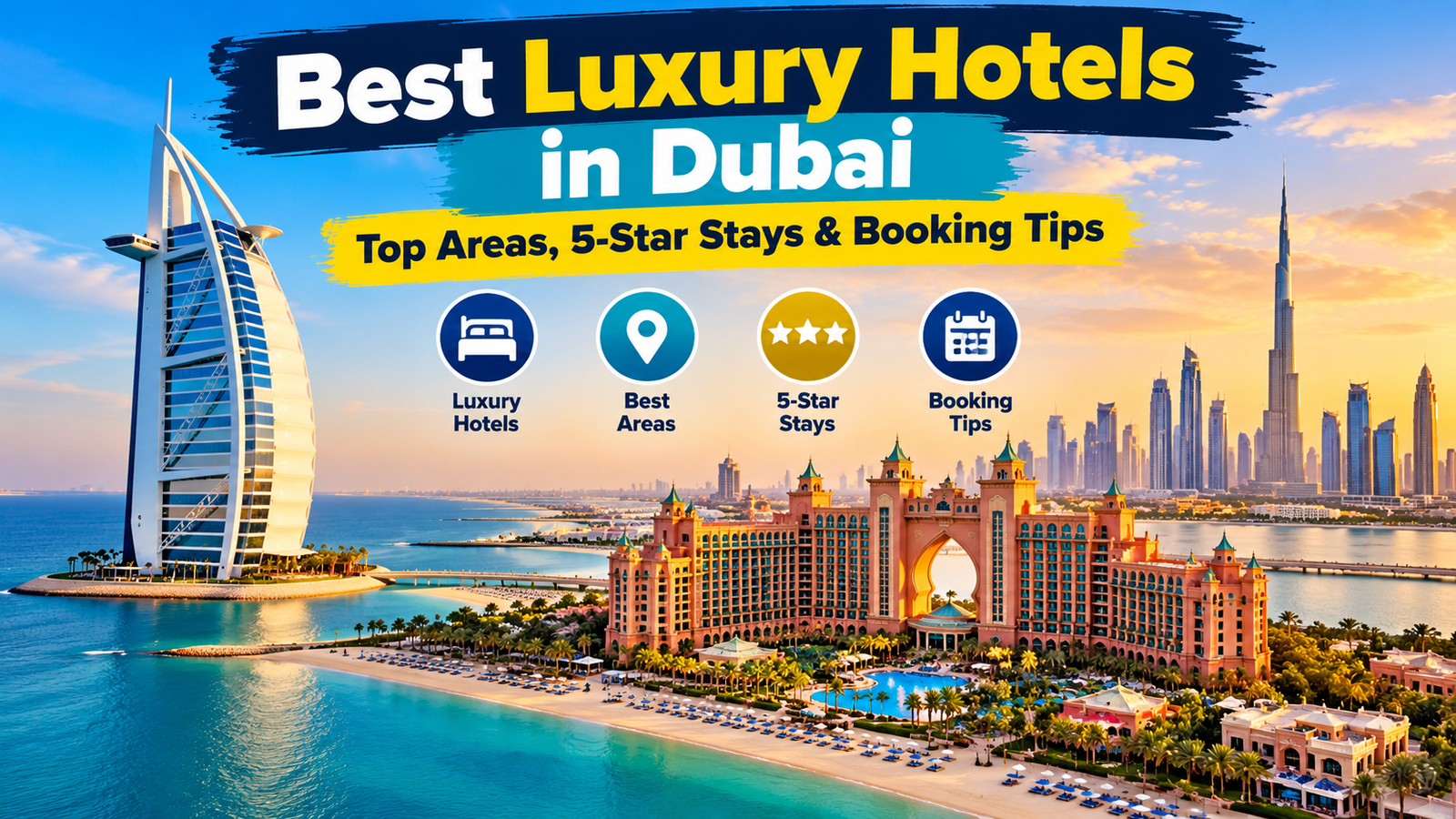 Luxury hotels in Dubai featuring Burj Al Arab, Atlantis The Palm and five-star accommodation with stunning city and waterfront views.