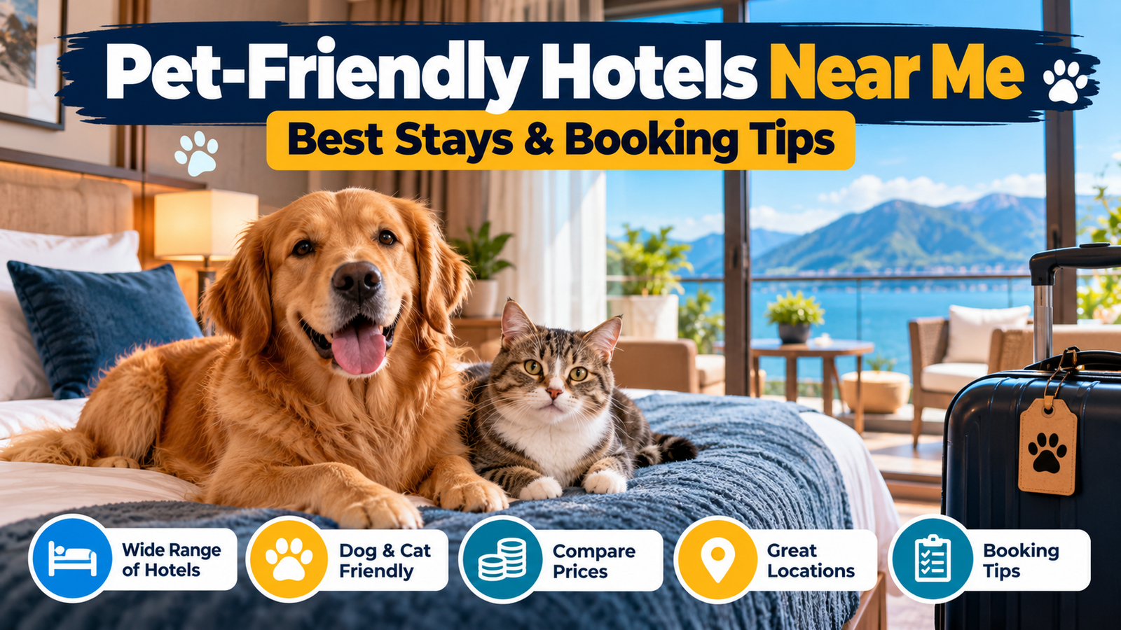 Happy golden retriever and cat relaxing in a comfortable pet-friendly hotel room, illustrating accommodation for travellers with pets.