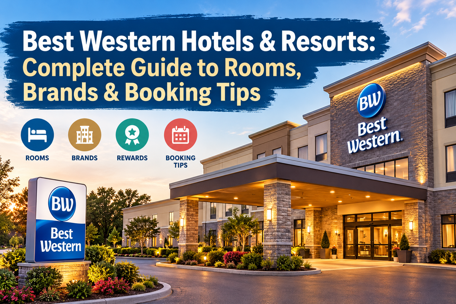 AI-generated illustration of a Best Western-style hotel exterior, accompanying a guide to hotel brands, rooms, rewards and booking tips.