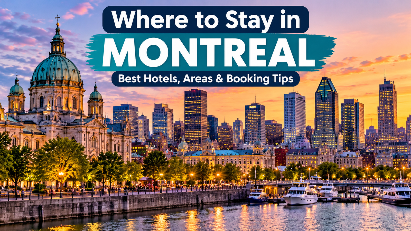 Illustrated Montreal skyline and waterfront at sunset with historic architecture and hotel travel guide title